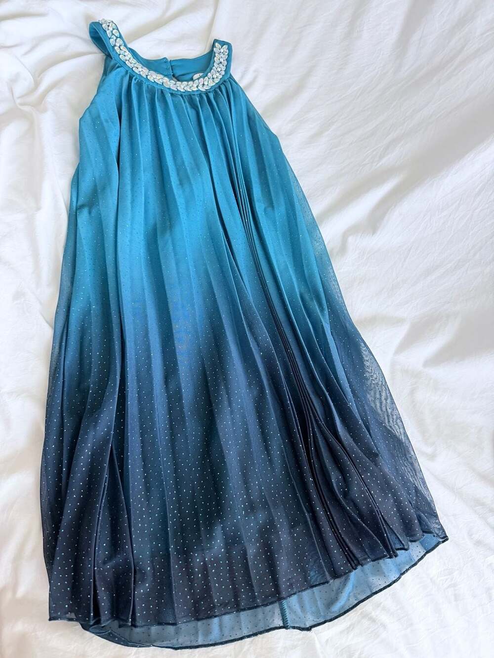 Speechless Kids Teal Ombre Glitter Halter Beaded Neckline Dress Size 14